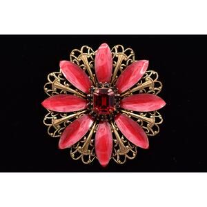 Liz Palacios Vintage Red Rhinestone Flower Brooch Filigree Floral Pin 90s BinAL